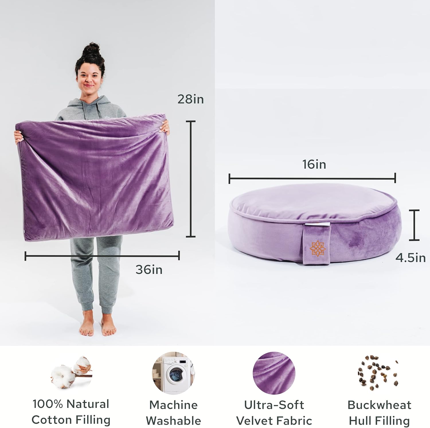 Mindful Modern Meditation Cushion and Zabuton Mat Bundle - Premium Luxury Velvet Meditation Cushion Set for Yoga - Buckwheat Zafu Floor Pillow and Rectangular Mat - Dusty Violet Color