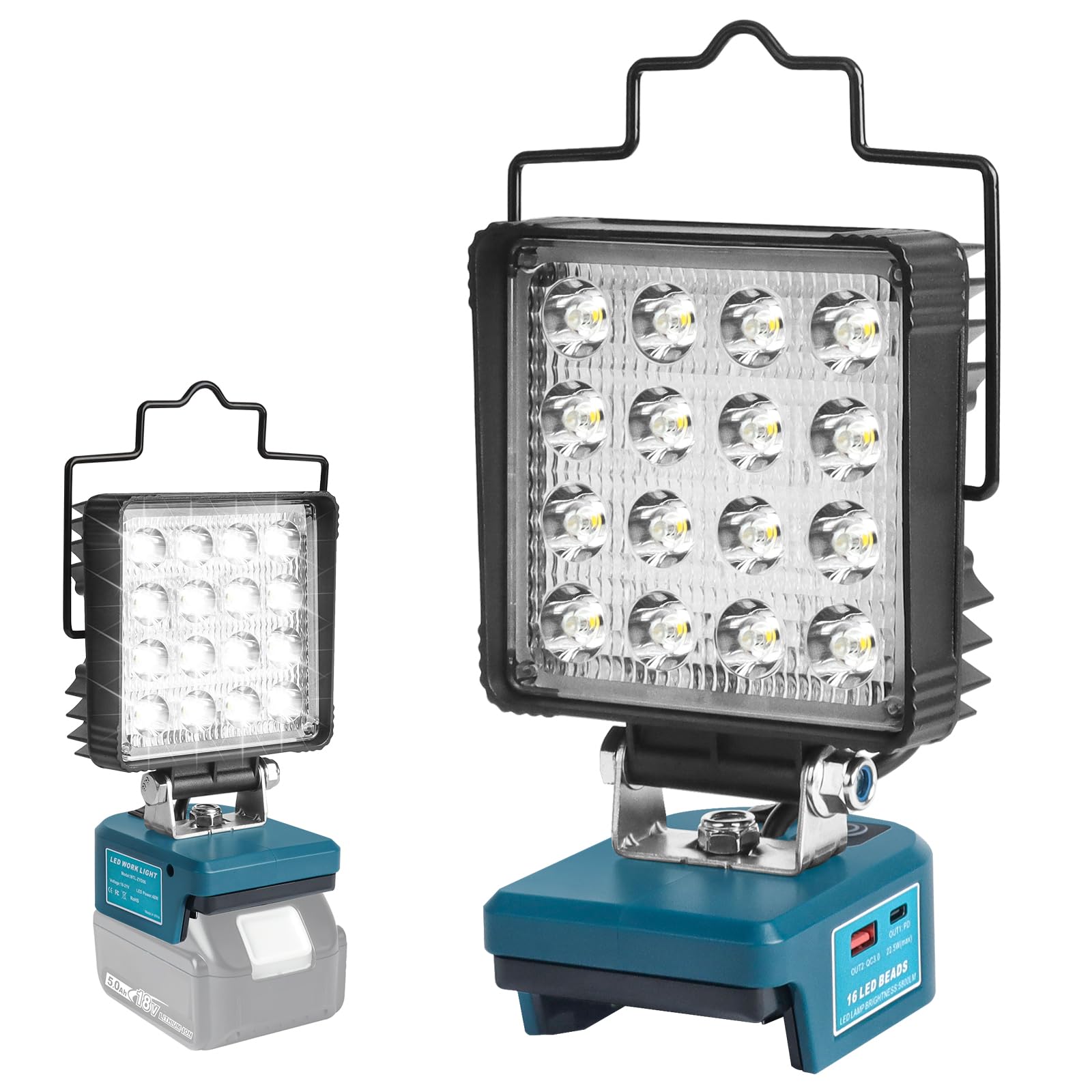QUPERR Lampa bezprzewodowa kompatybilna z Makita 18V, 48W 5800LM LED lampa robocza, przenośny reflektor z USB i Type-C do auta, kempingu i awaryjnego oświetlenia (bez akumulatora)