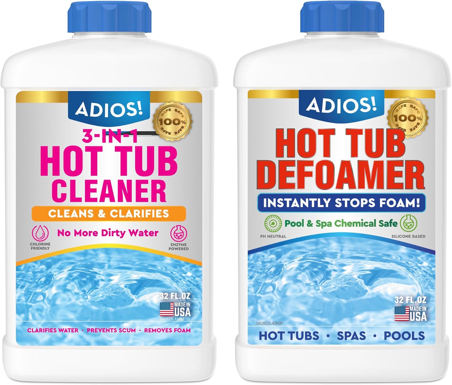 Hot Tub 3-in-1 Cleaner and Defoamer Set - Clear Water and Foam Free Spa Treatment, Two 32oz Bottles