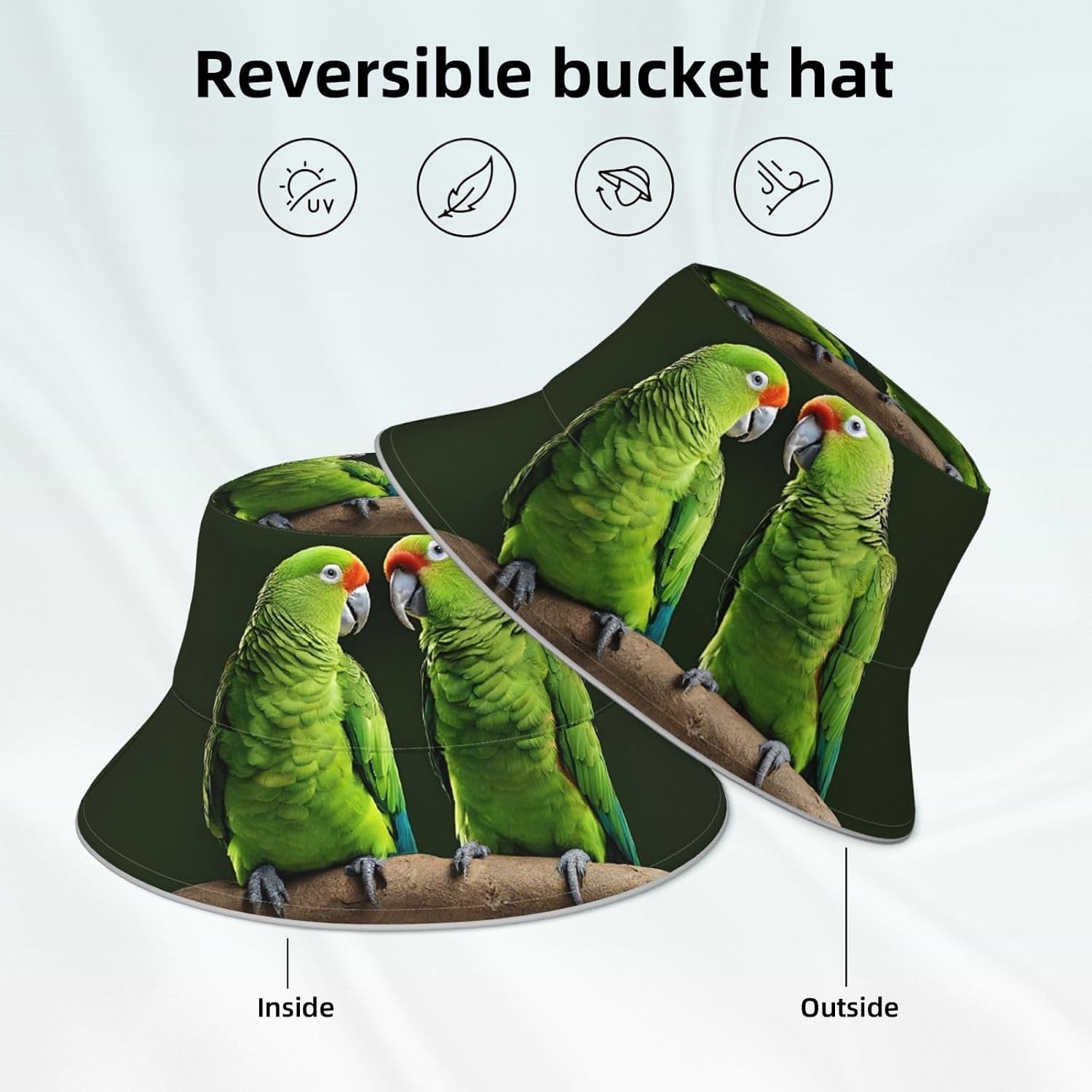 (Two Parrots On Green Palm Tree) Reflective Reversible Bucket Hat Foldable Breathable Stylish Two-Way Wear for Outdoor Travel Daily Activities