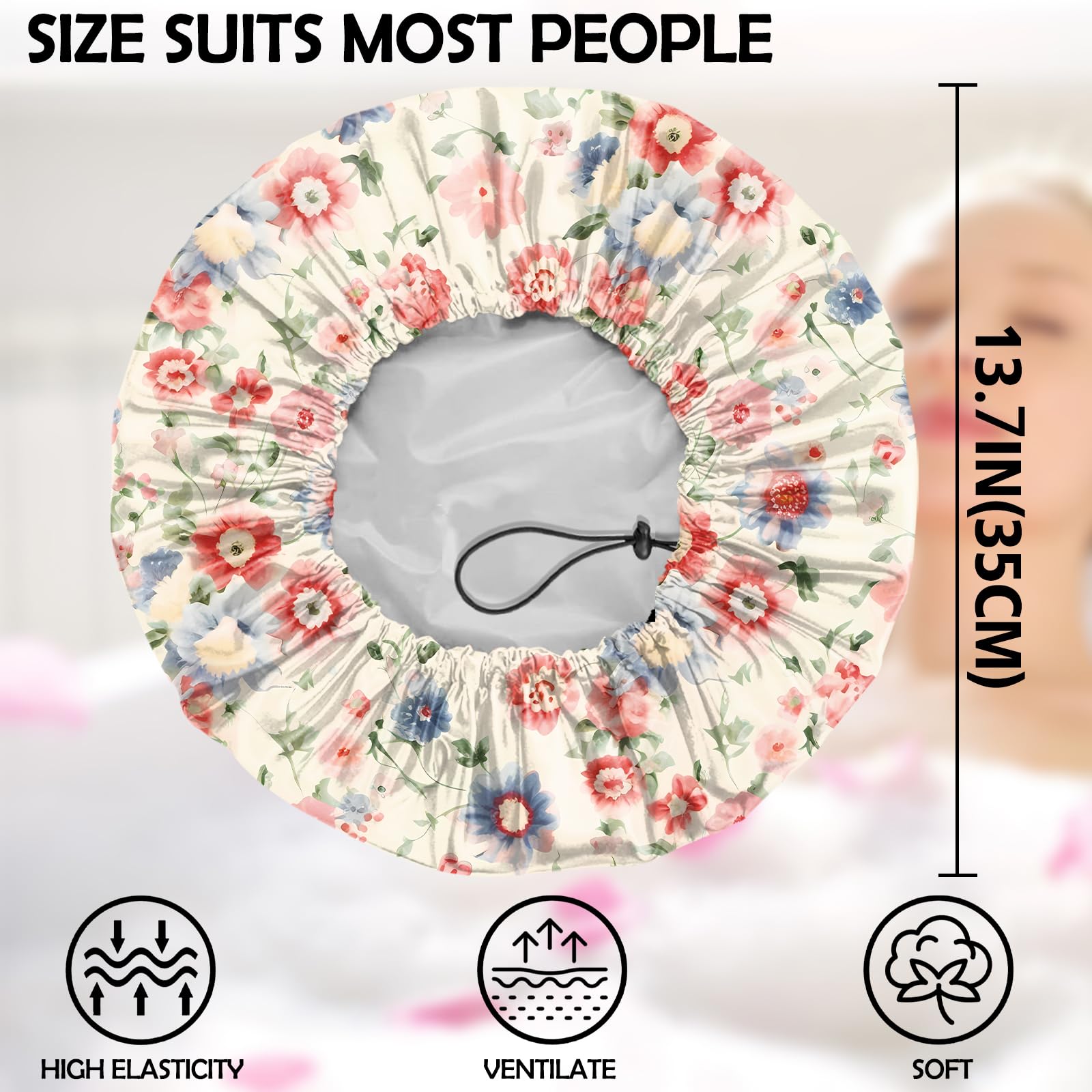 2 gorros de ducha ajustables, reutilizables, de doble capa impermeable, elásticos, para el cabello, bonitos gorros de baño estéticos para mujeres y niñas, floral
