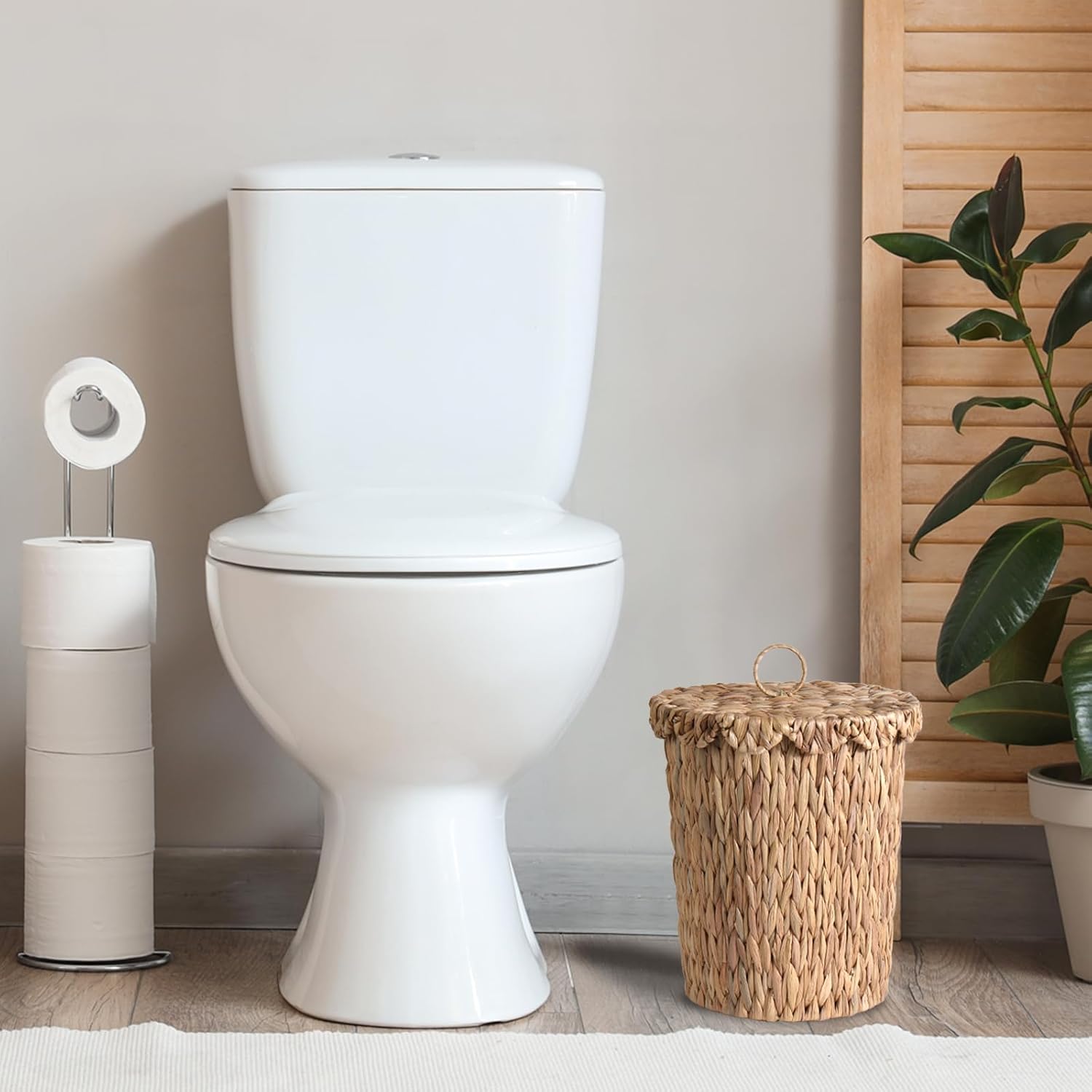 2.6 Gallon Wicker Trash Can with Scalloped Edge Lid, Wicker Waste Basket with Removable Plastic Liner for Bathroom, Bedroom, Office, Home