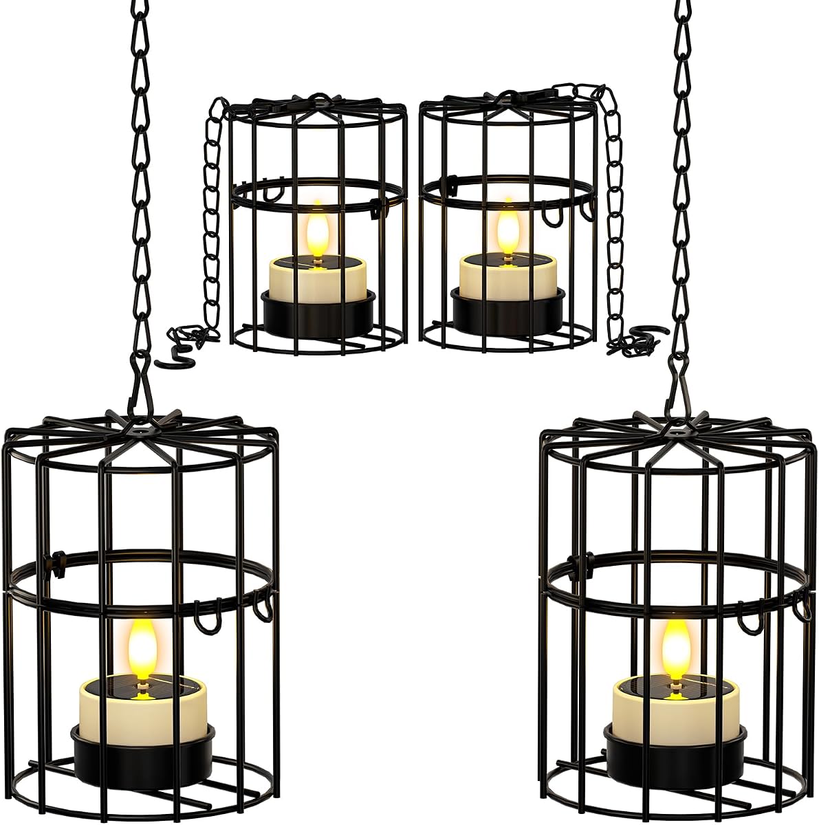 PChero Solar Hanging Lanterns Outdoor Waterproof, 4 Tea Lights, 18.1" Chain | 2 large + 2 small iron holders, flickering LED tea lights, for patio garden tree backyard, 10-12H runtime, removable chain
