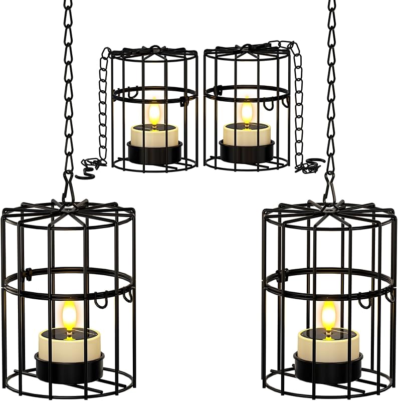 PChero Solar Hanging Lanterns Outdoor Waterproof, 4 Tea Lights, 18.1" Chain | 2 large + 2 small iron holders, flickering LED tea lights, for patio garden tree backyard, 10-12H runtime, removable chain