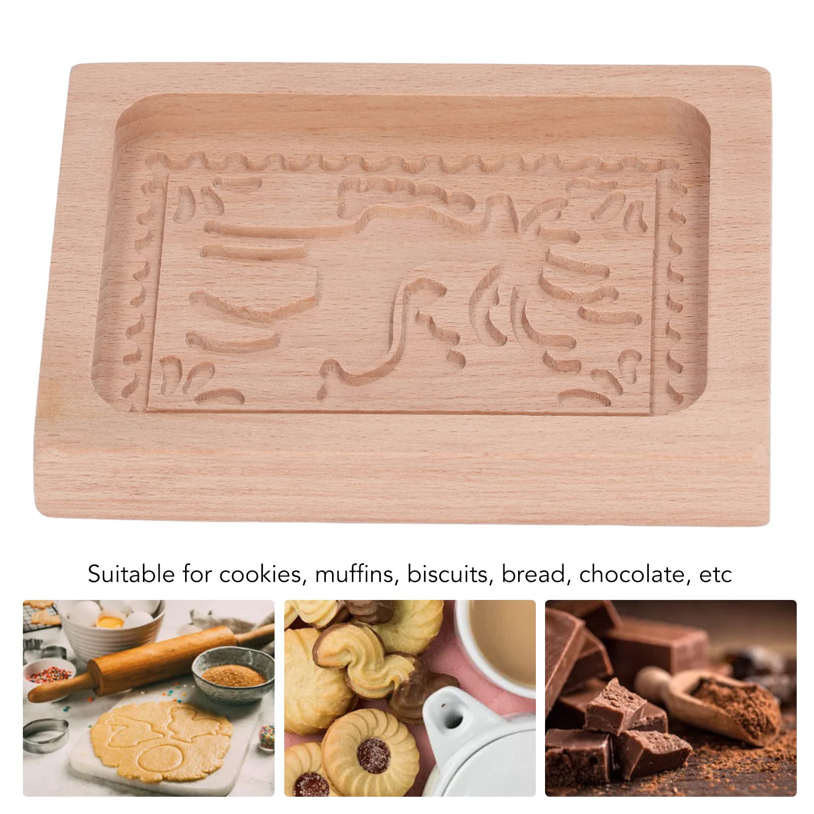 Wakects Molde de Madera Tallada para Galletas, Madera de Haya, Prensa de Pan de Jengibre, Molde para Sellos, Liberación Suave, Patrones en Relieve, Fácil de Limpiar para Galletas, Pan, Chocolate, (#4)
