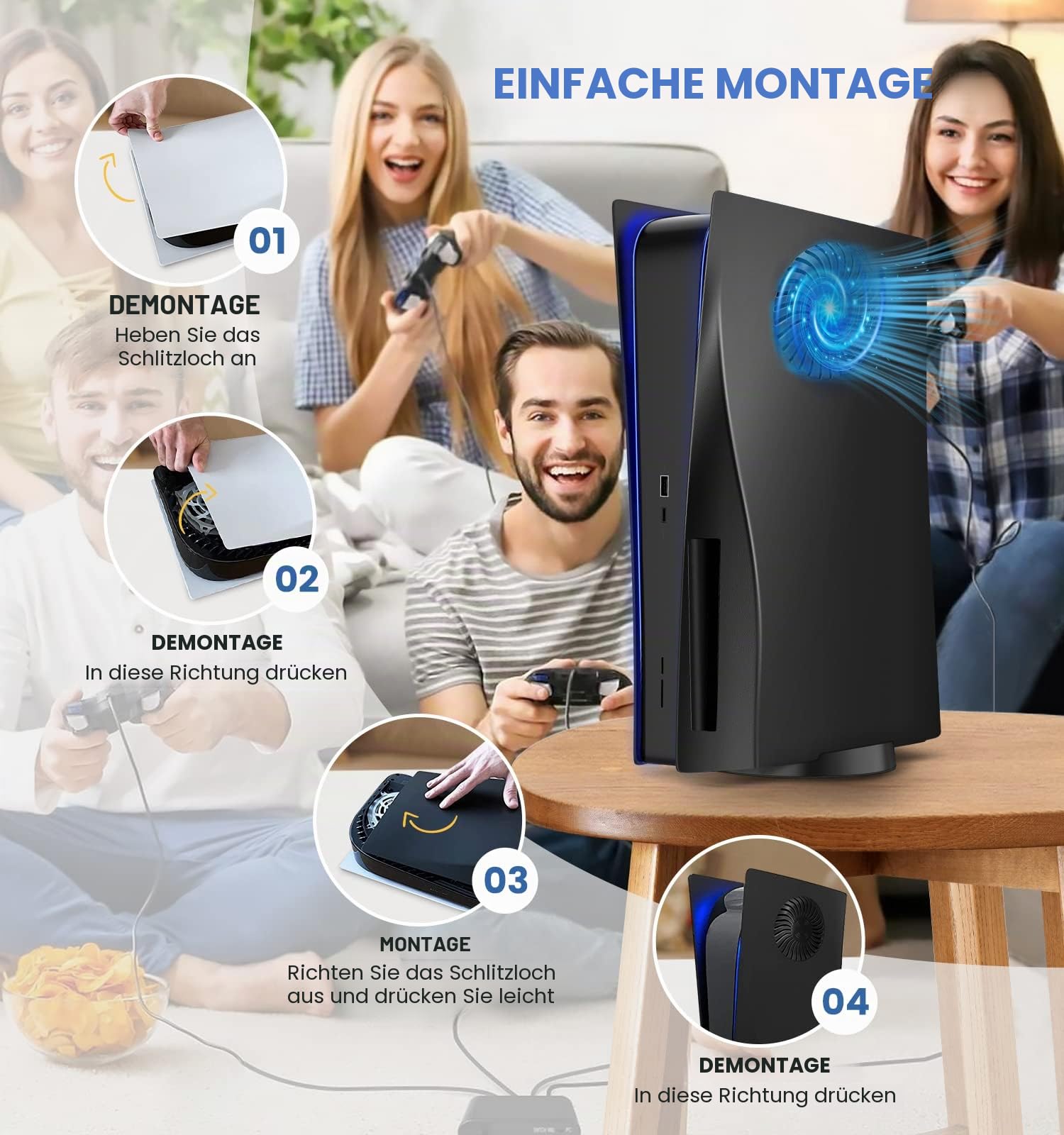 PS5 Kühlplatte Schutzventile Turbo Upgrade für Playstation 5 Disc Edition Ersatz Seitenplatte ABS Anti-Kratzer Hülle Schwarz