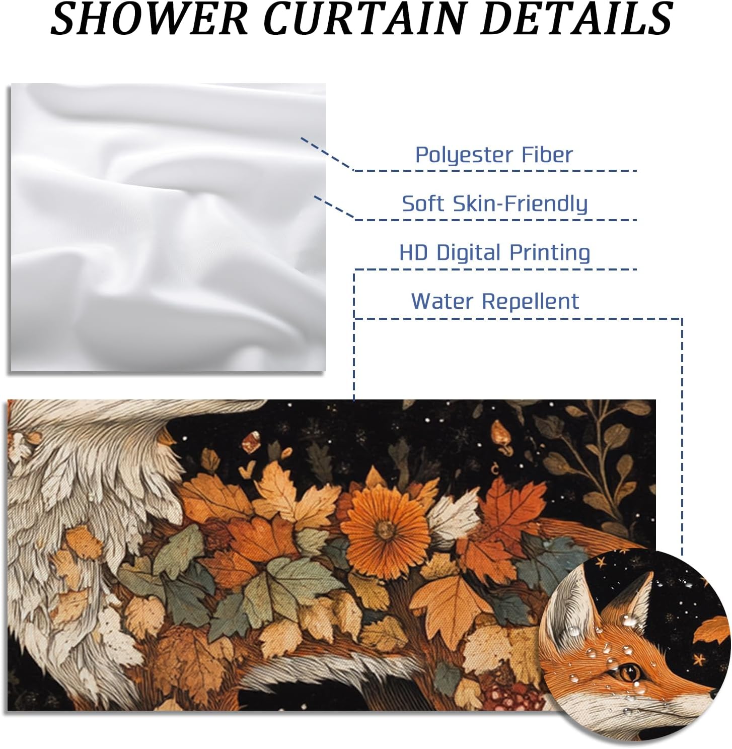 Fall Vintage Fox Shower Curtain Set, Autumn Mushroom Shower Curtain, Aesthetic Scenic Bathroom Accessories, Polyester Fabric Decorative -72''x72''