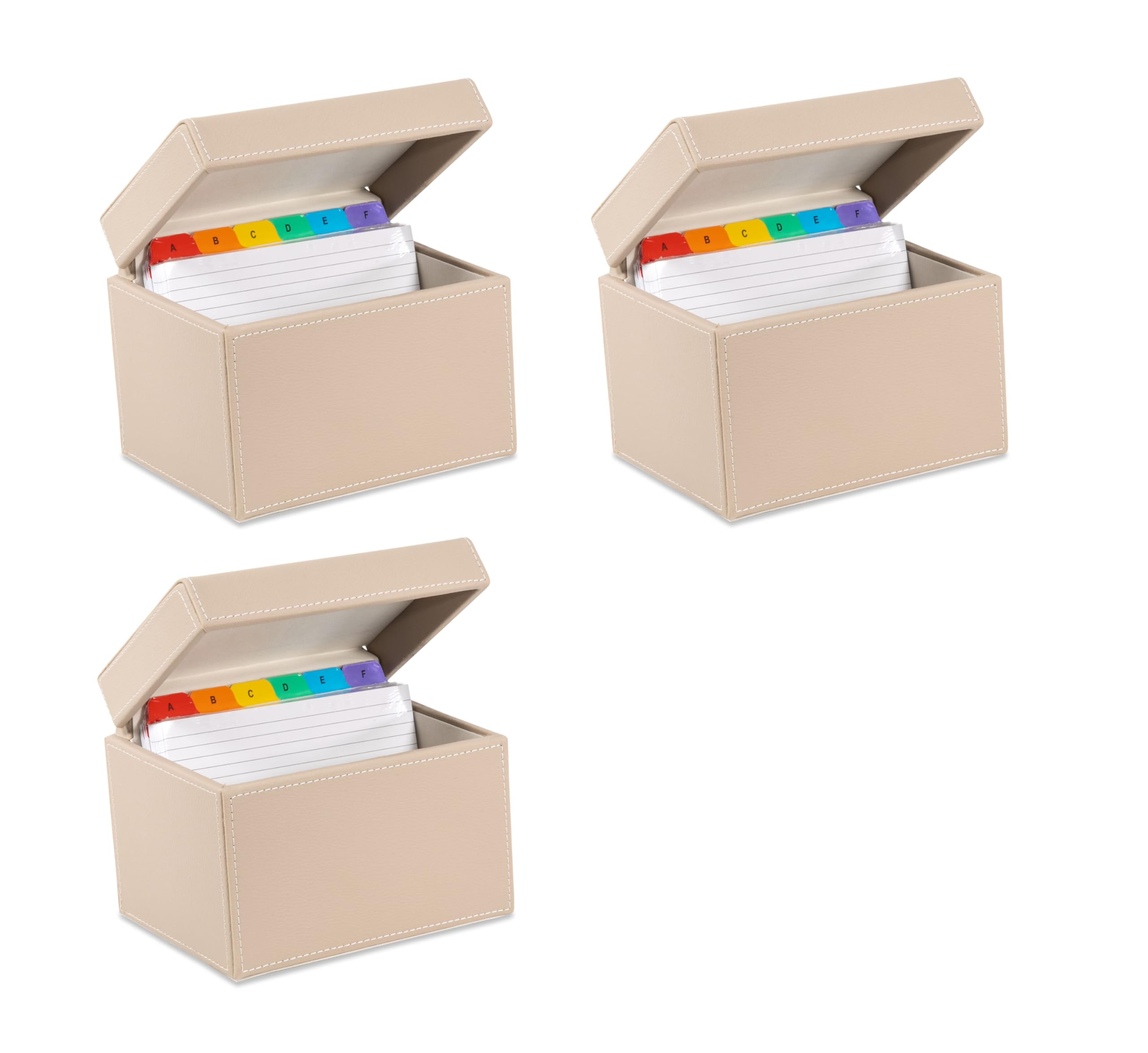 OSCO Light Taupe Faux Leather Index Box, 3 Pack, A to Z Divider Tabs, 100 Lined Note Cards, Ruled Flash Card, Recipe Notes, Office Contacts, Desktop Organiser, Holds 6" × 4" Cards (148 × 105 mm) — image 1