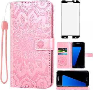 Phone Case for Samsung Galaxy S7 Edge Wallet Cases with Tempered Glass Screen Protector Leather Flip Cover Card Holder Stand Cell Glaxay S7edge Gaxaly S 7 Plus Galaxies GS7 7s 7edge Women Rose Gold