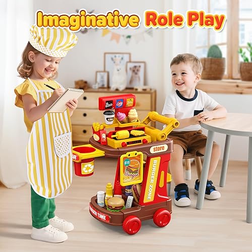 Miniatura 6 de Juego de cocina para niños, juego de comida de restaurante para niños pequeños con carrito, parrilla y delantal, accesorios de cocina con luces y