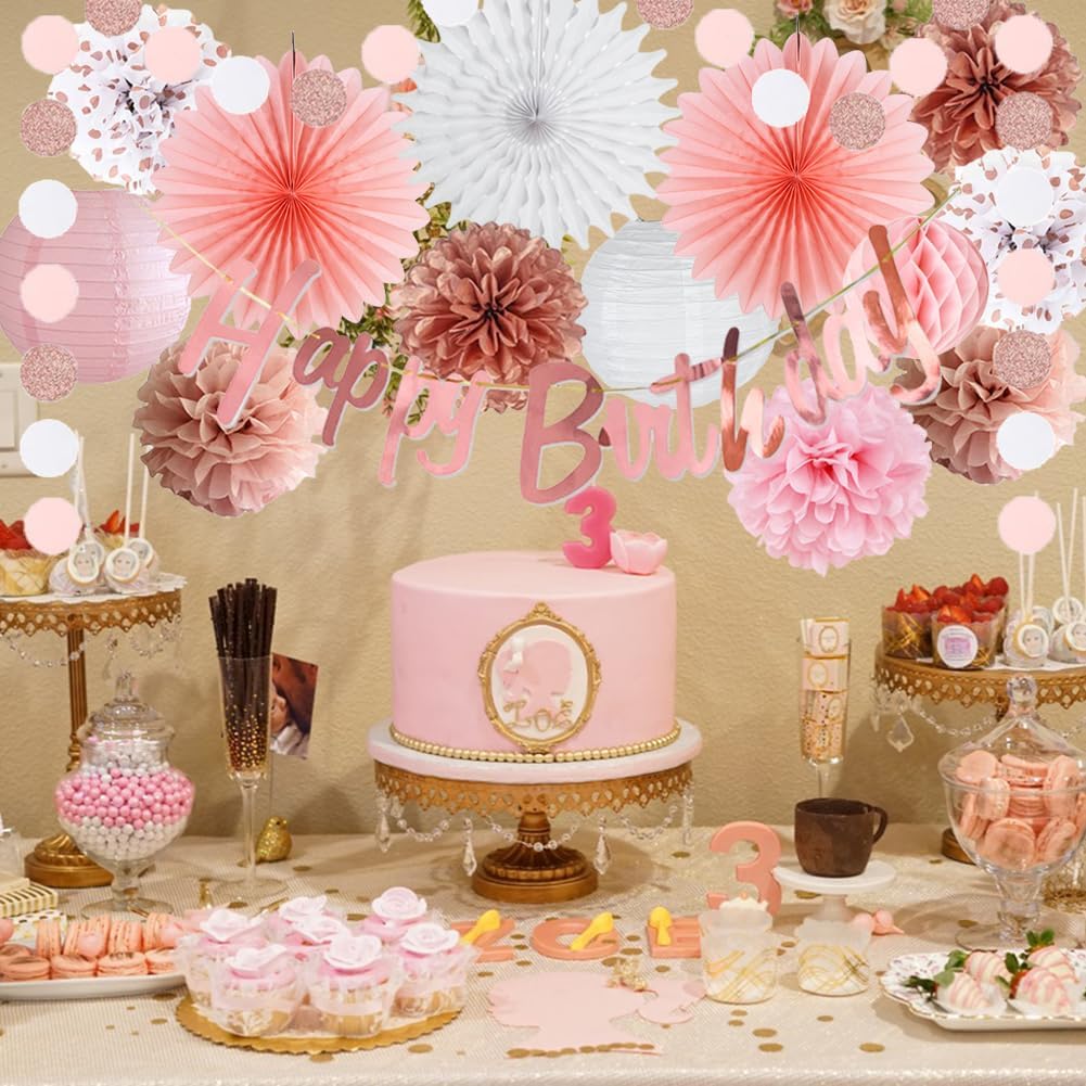 Pink White Rose Gold Birthday Decorations Rose Gold Happy Birthday Banner Pink Rose White Tissue Paper Pom Poms Paper Fans Circle Dots Garland for Women Girls Birthday Party Decor