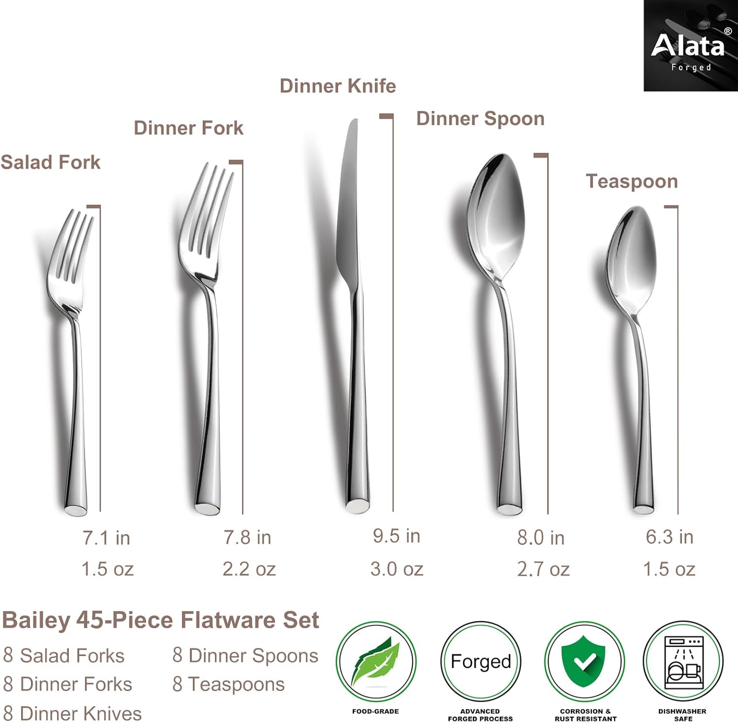 Alata Bailey 45-Piece Forged Silverware Set Stainless Steel Flatware Set with Utensil-Serving Set, Service for 8, Mirror Polished Cutlery Set, Dishwasher Safe