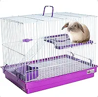 Gaiola Grande 2 Andares para Coelho, Hamster, Chinchila e Roedores com Escada, Comedouro, Bebedouro e Plataforma, Roxo, 55x38x43cm