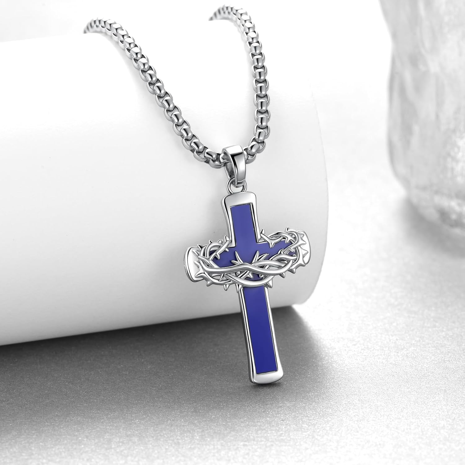 Cross Necklace with Crown 925 Sterling Silver Crown of Thorns Lapis Lazuli Necklace Jesus Religious Christian Jewelry for Women Men - Image 2