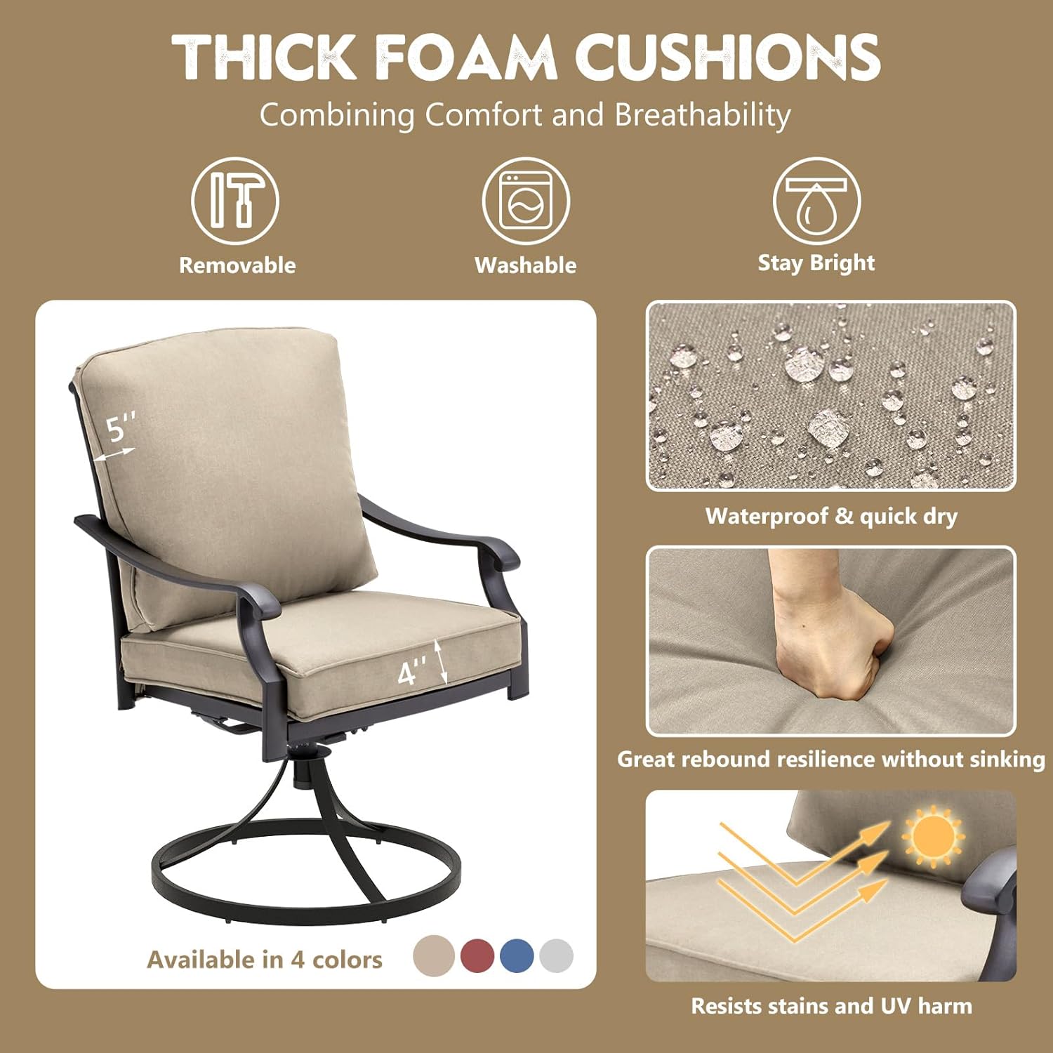 MELLCOM Patio Swivel Chair Set of 4, Heavy Duty Outdoor Dining Chairs with Thickened Cushions, Metal Patio Chairs Gentle Rocker for Outside, Backyard, Khaki