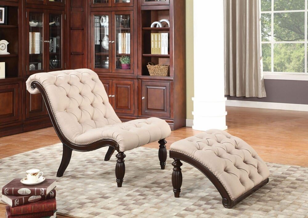 2 pc Kirby collection beige fabric upholstered and cherry finish wood framed tufted accent chair with ottoman