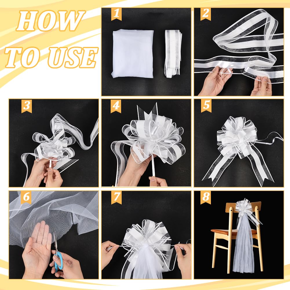 AHANDMAKER Set di 12 fiocchi grandi per matrimoni, con code di tulle lunghe 899,2 cm, decorazioni per corridoi nuziali, per addio al nubilato, ricevimenti, cerimonie, anniversari, feste di Natale