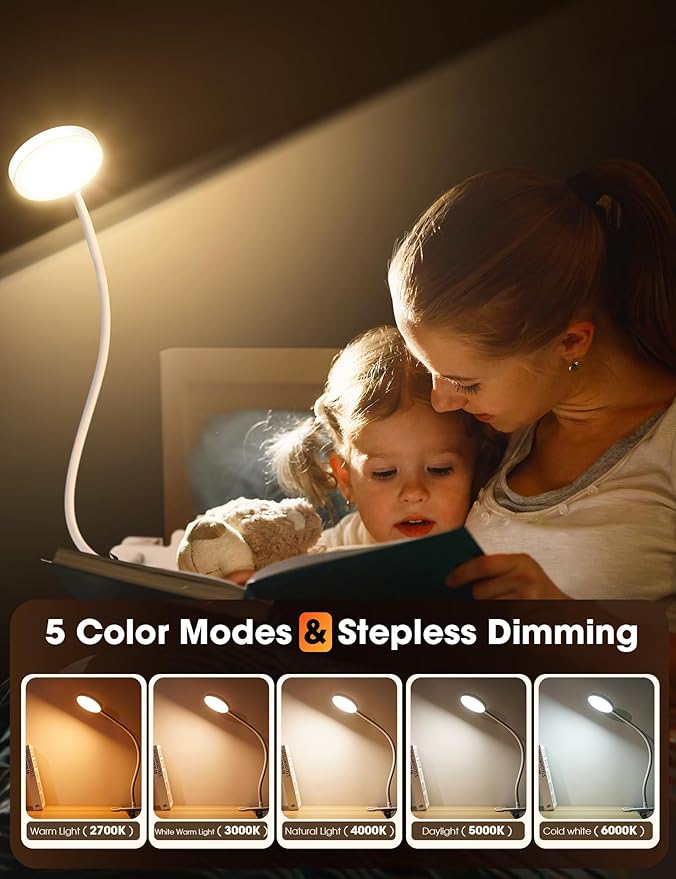 LiFMIRA Bed Lamp Clip on Light 8W 66 LED Reading Light for Bed, 5 Colors 10 Brightness Dimmable, Eye Caring Metal Reading Lamp, Clip lamp for Bed Headboard Desk Home Office Dorm(White) photo 3