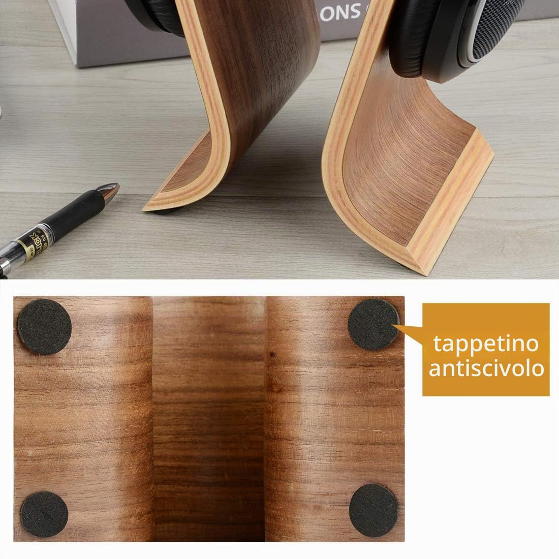 Linkidea Omega, supporto per cuffie, in legno, con finitura in noce
