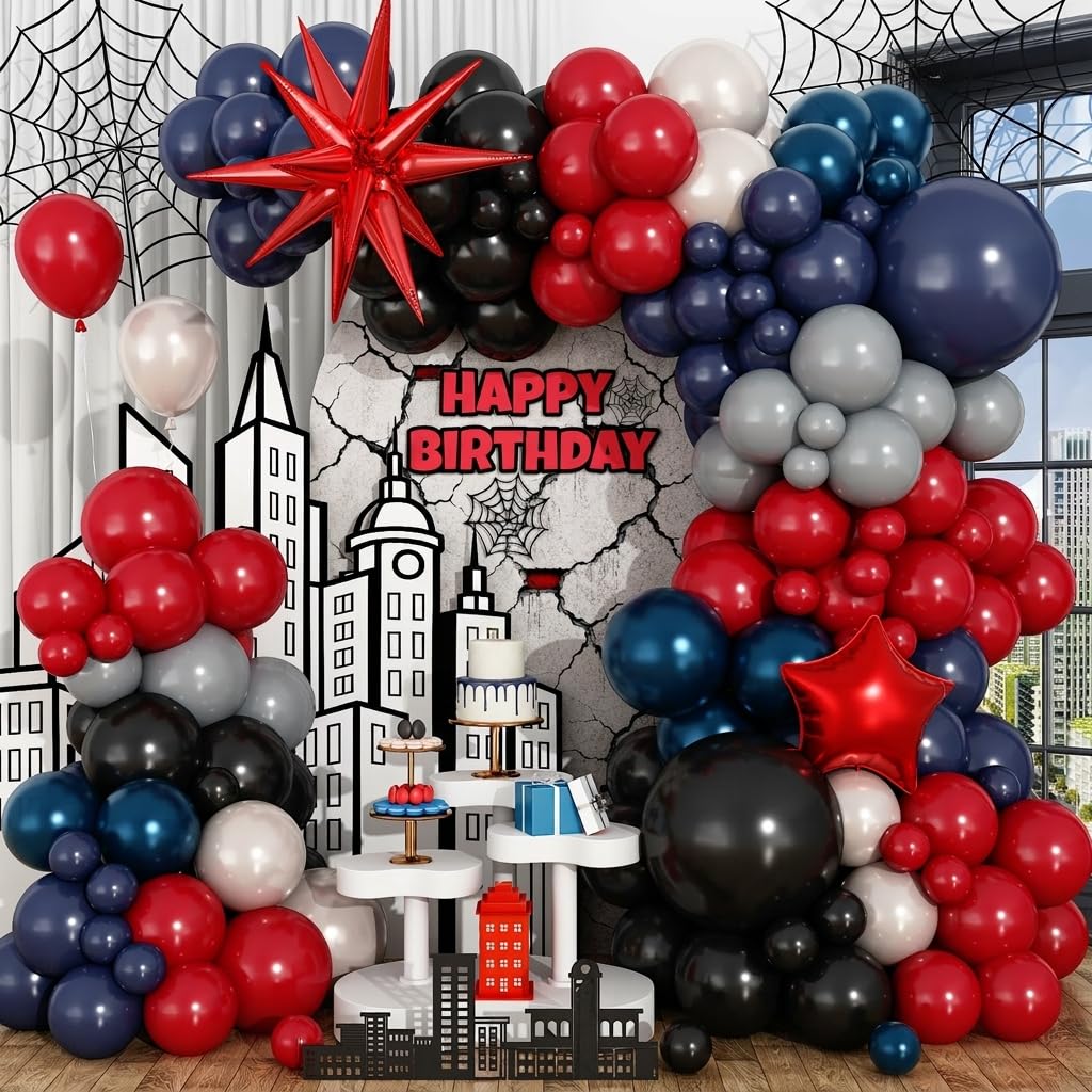 Black Red Blue Balloon Arch Garland Kit, Spider Themed Balloons Double Stuff Red Navy Blue Black Gray Pearl White Balloon Explosion Star Balloons for Kids Boys Baby Shower Birthday Party Decor