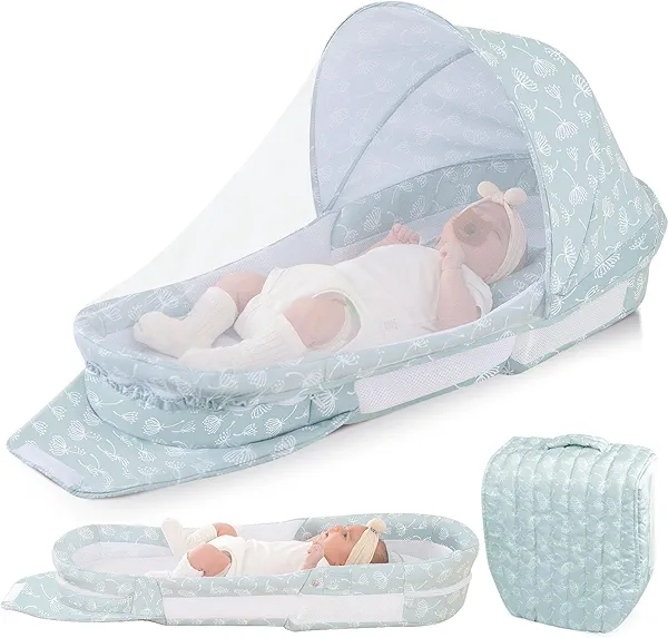 Portable Baby Lounger Bag, Foldabl Babies Nest with 2-in-1 Removable Mosquito Net, Infant Travel Nest Lounger, Easy Setup and Storage for Outdoors Indoors - Baby Registry (Light Green)
