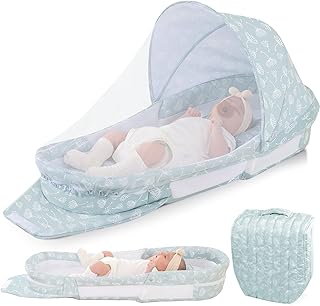 Portable Baby Lounger Bag, Foldabl Babies Nest with 2-in-1 Removable Mosquito Net, Infant Travel Nest Lounger, Easy Setup and Storage for Outdoors Indoors - Baby Registry (Light Green)