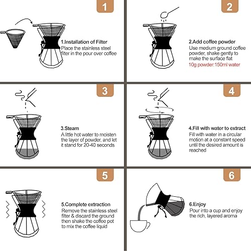 Miniatura 9 de Cafetera vertida de 13.5 fl oz con filtro de acero inoxidable 304 y soporte de collar de madera, cafetera de goteo de vidrio borosilicato, juego de