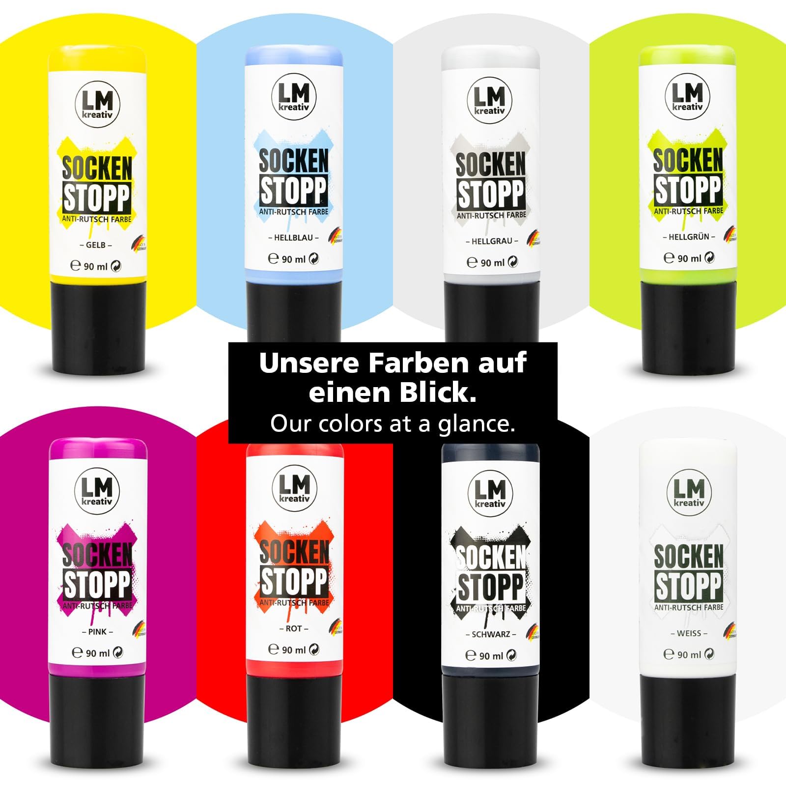 LM-Kreativ Socken Stopp Anti Rutsch Set (8 tlg.) - ABS Antirutsch, Sock Stop Creme, flüssige Sockensohle, Rutsch-Stop