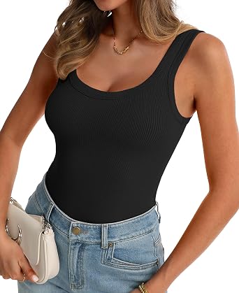 QUALFORT Womens Ribbed Scoop Neck Wide Strap Tank Top | Smooth Stretch Fabric, Fitted Shape, Comfortable Coverage, Easy Solo Wear or Layering for Casual Summer Outfits