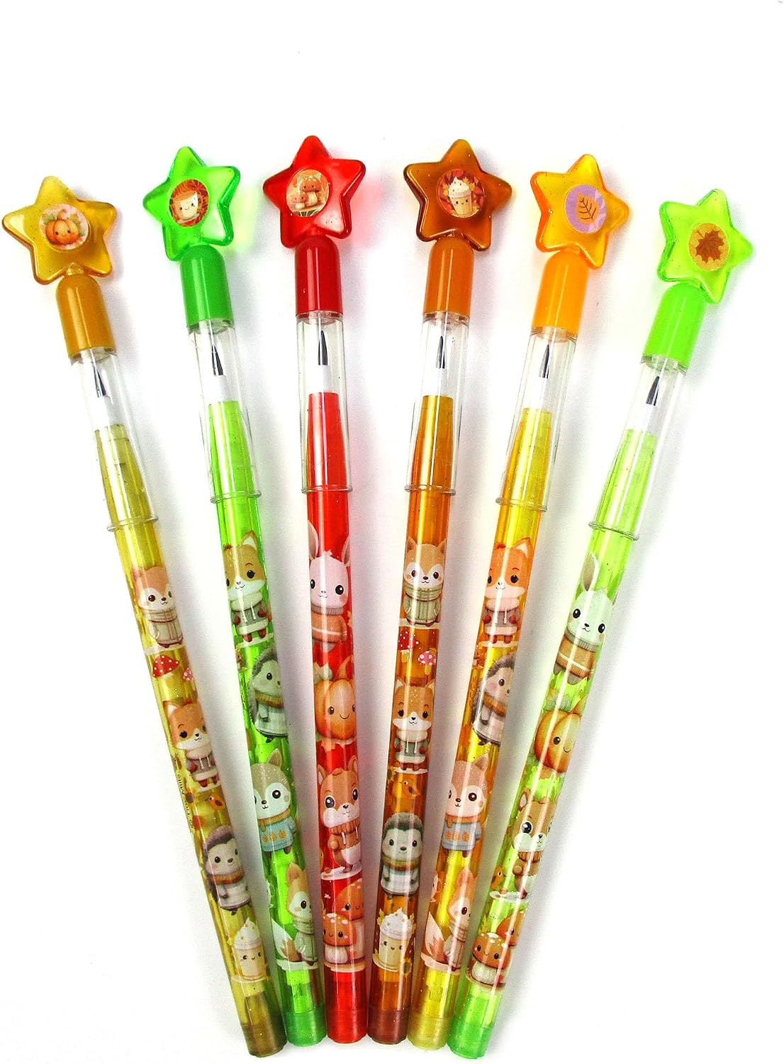 TINYMILLS Autumn Woodland Animals Stackable Pencils – 24 Pack Fall Theme Pencils with Pre-Sharpened Leads & Star Top Erasers | Non-Candy Party Favors, Classroom Rewards, School Supplies
