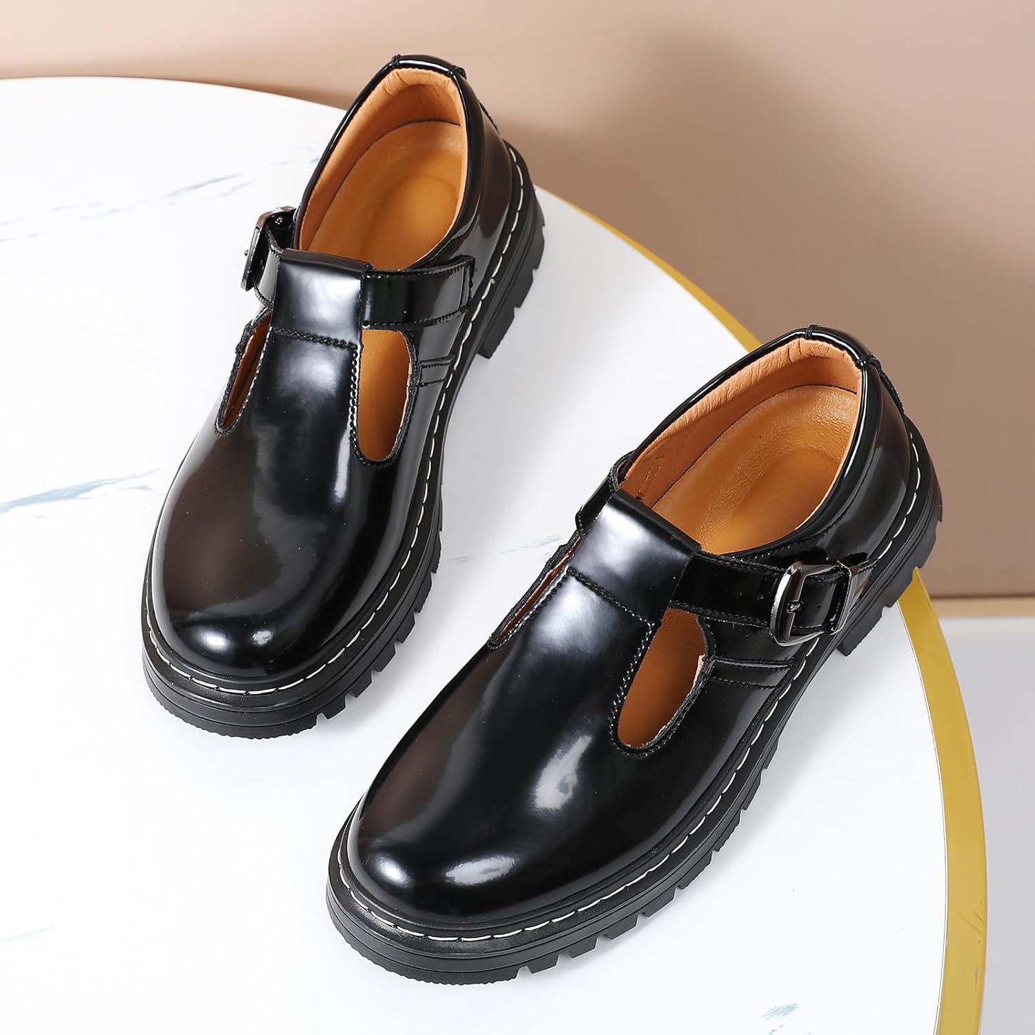 Women Mary Jane Shoes Soft Toe Non Slip Platform Casual Faux Leather Chunky Comfortable Dressy Oxfords Mary Janes Shoes - Image 3