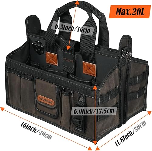 Miniatura 8 de WELKINLAND Bolsa de herramientas para electricista de 20 bolsillos, bolsa de herramientas superior abierta de 16 pulgadas de ancho, bolsa de
