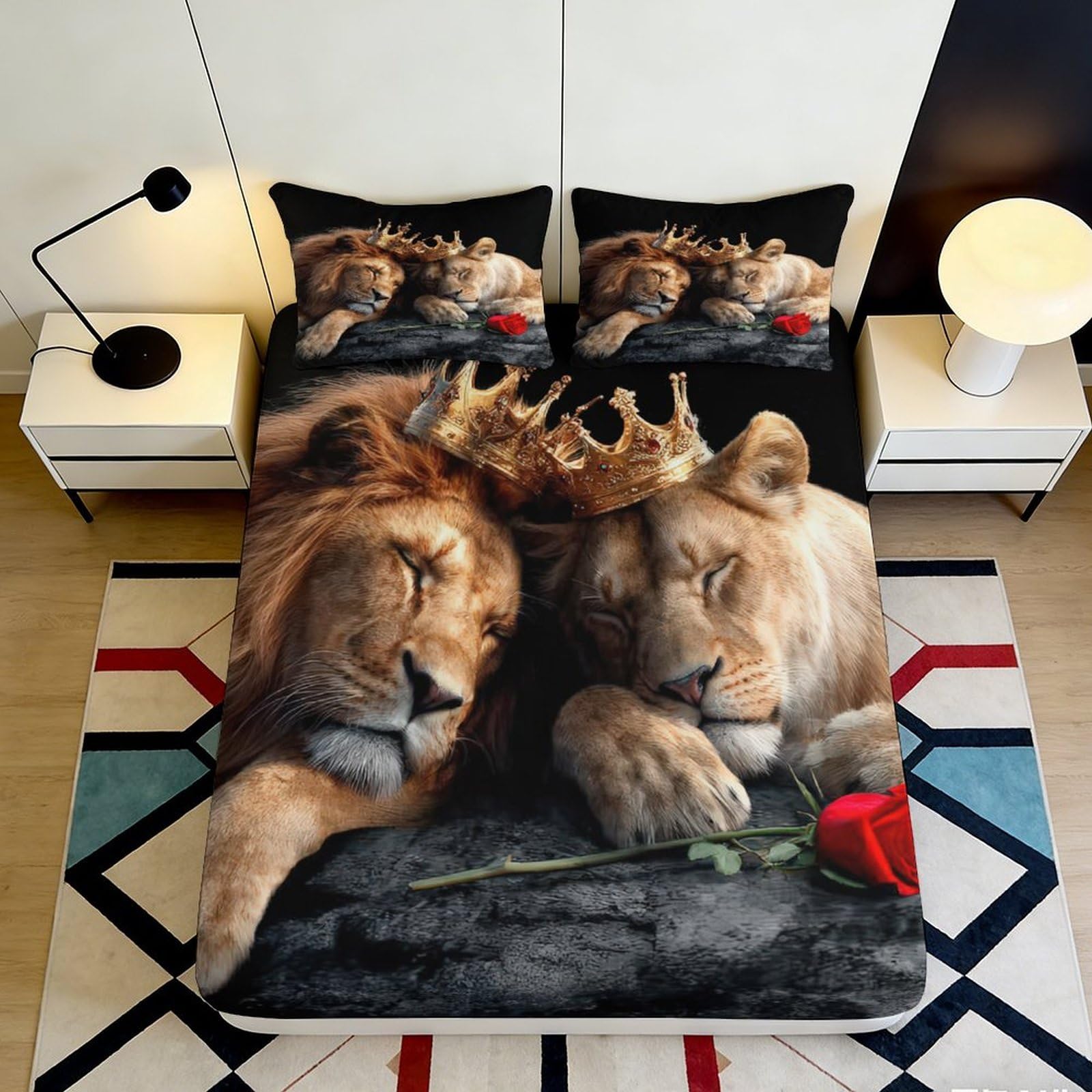 3D Printed Royal Lion Couple Fitted Sheet Microfiber Soft Non-Slip Bed Cover for Bedroom Dorm Decor 90x200x25cm