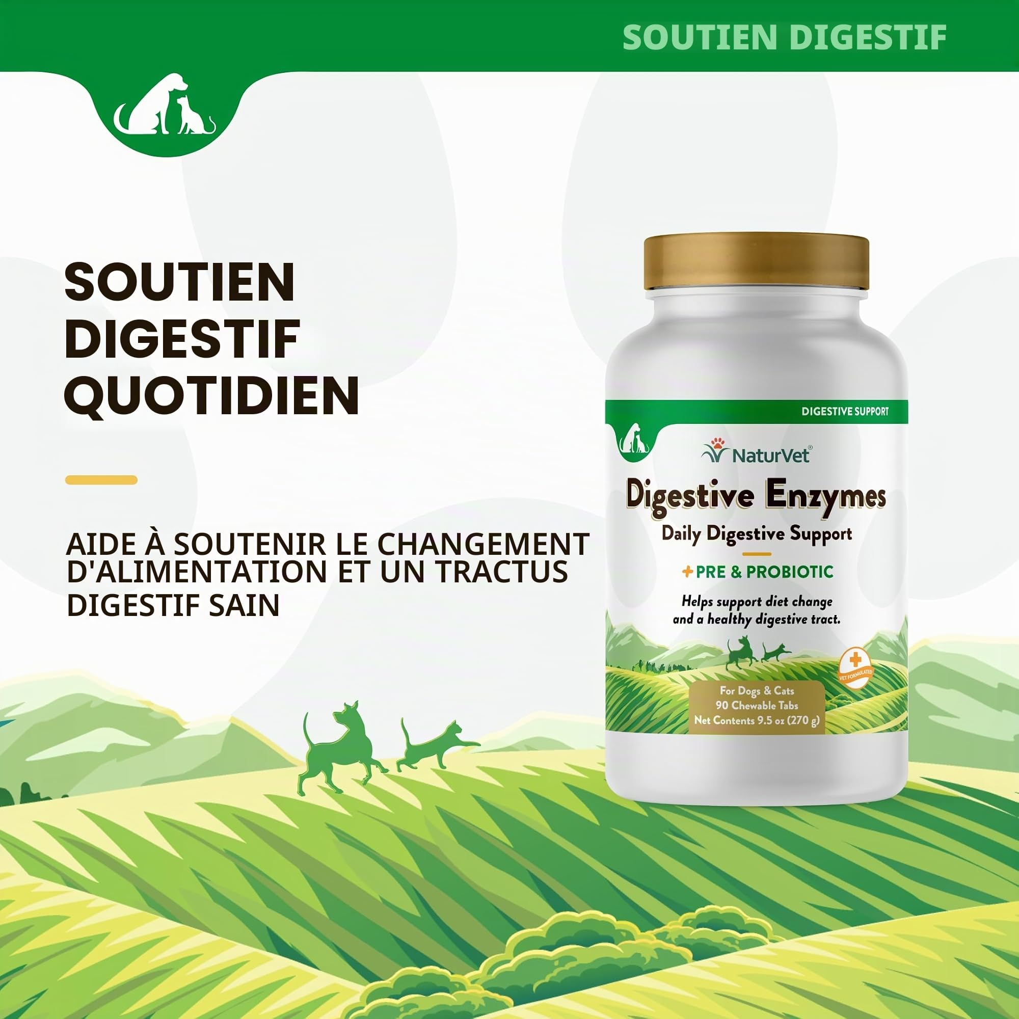 NaturVet Digestive Enzymes Plus Probiotiques Complément Alimentaire pour Chiens, à mâcher Doux, fabriqué aux États-Unis avec des ingrédients d'origine Mondiale 90 pièces