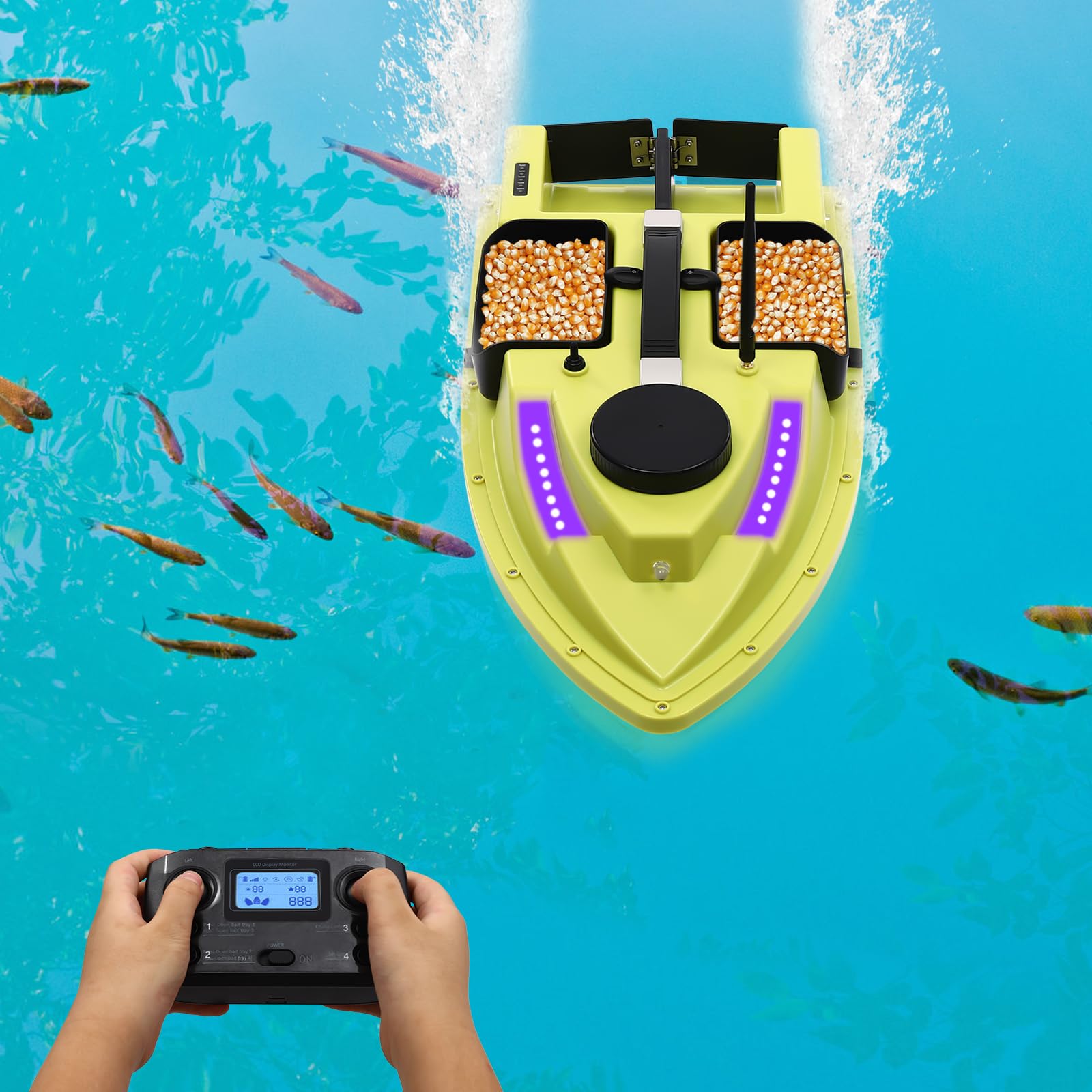 Barca da pesca Barchino pasturatore Barca da pesca per esche con posizionamento GPS Telecomando 2,4G Design a 4 marce Batteria al litio da 5,2 Ah adatta per grandi laghi e bacini artificiali