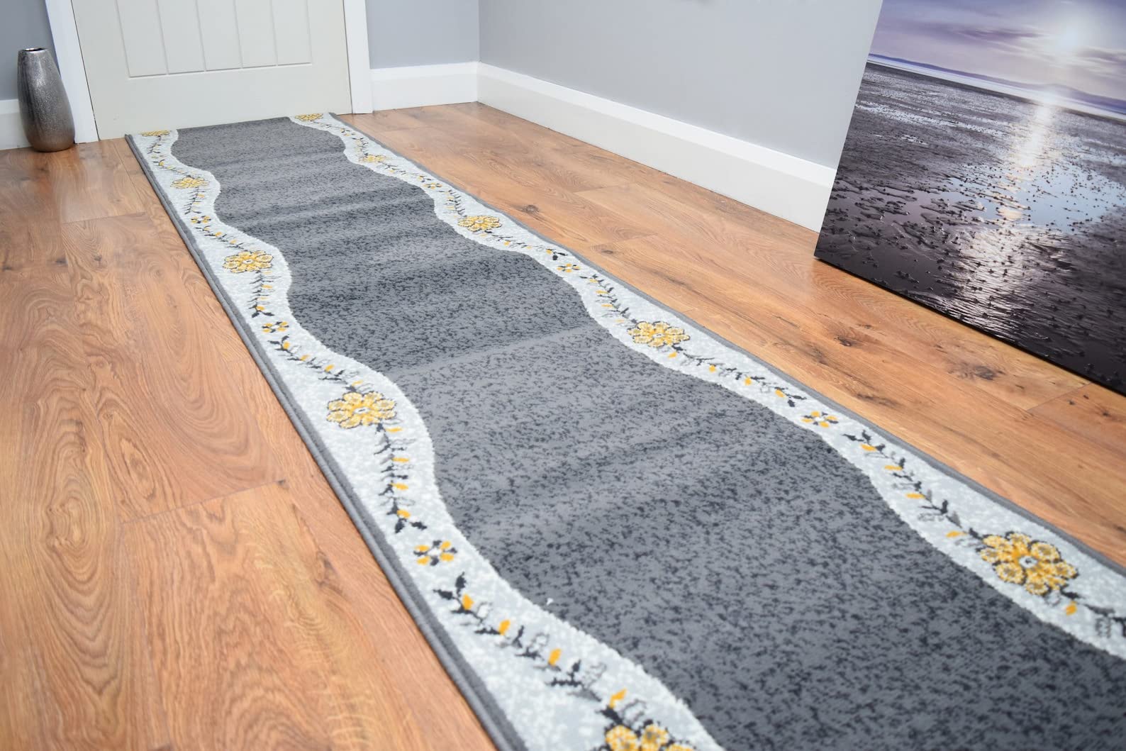 SrS Rugs® Luna Collection, Modern Long Carpet Runner Rug for Entrance Hall and Stairs. Smooth Soft 8mm Depth Pile. 70cm Wide. Any length (Grey Floral Borders, Length: 5' (152cm)) — image 1