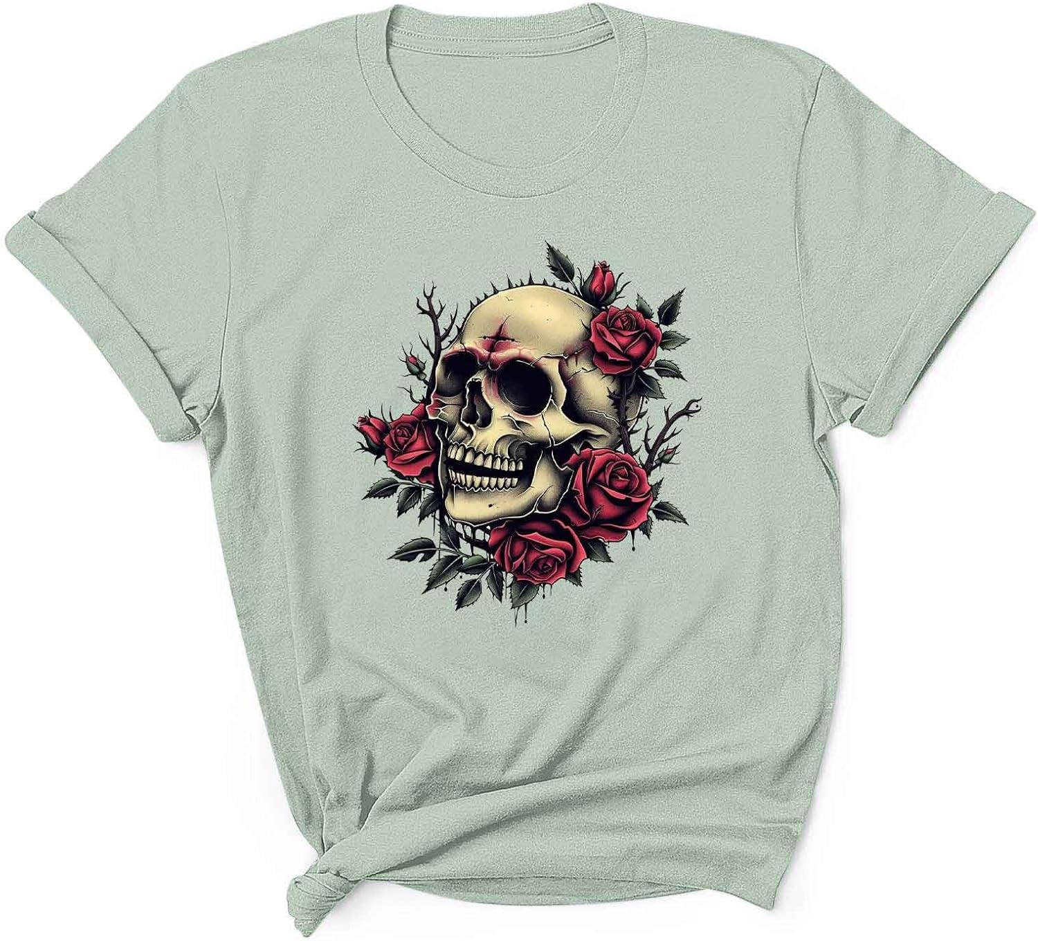 Womens Vintage Floral Skull Graphic Tee Shirts Summer Short Sleeve Tops Oversized Tshirts Trendy Casual Loose Blouse
