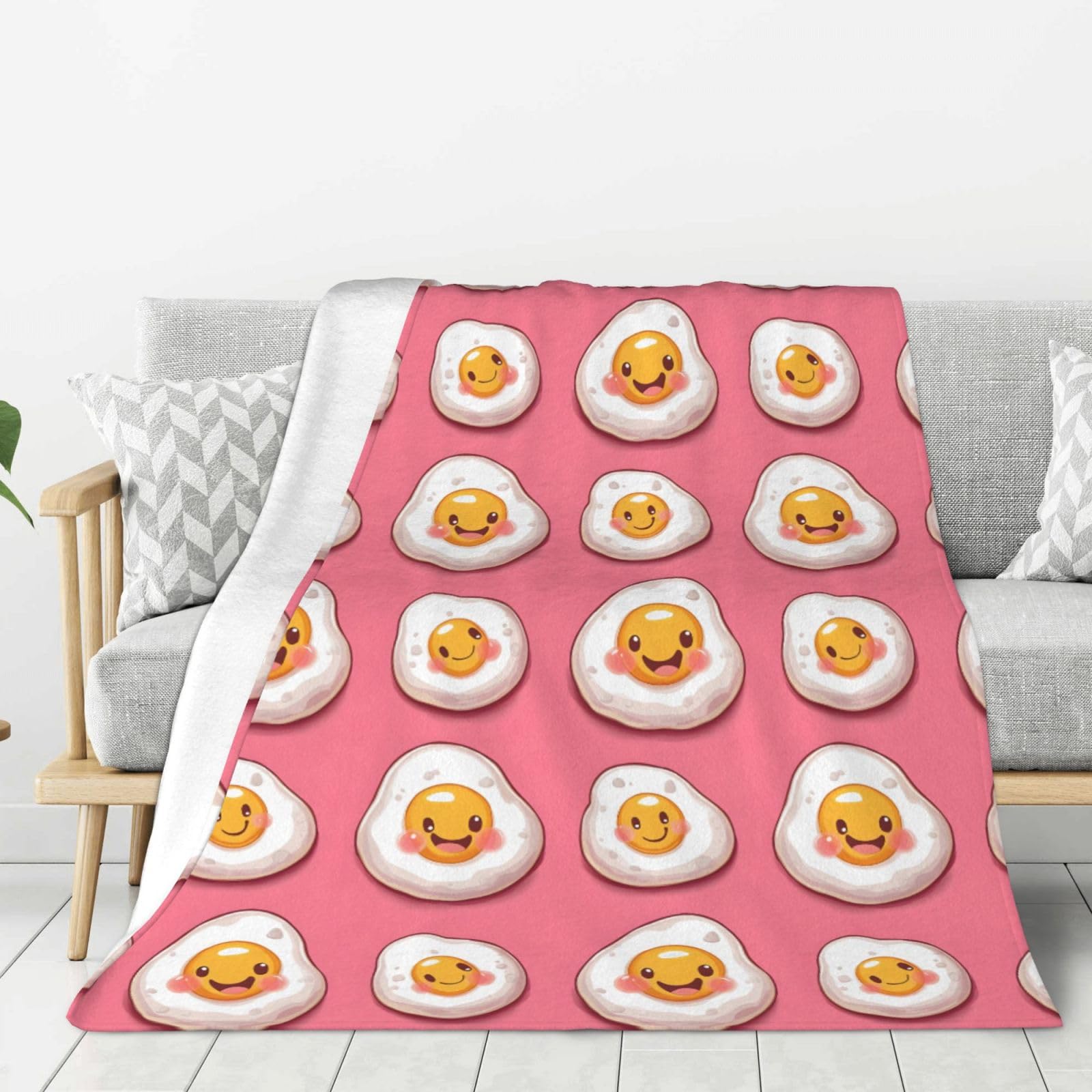 Couverture flanelle lit 127x152 cm motif œufs au plat cadeau original mixte