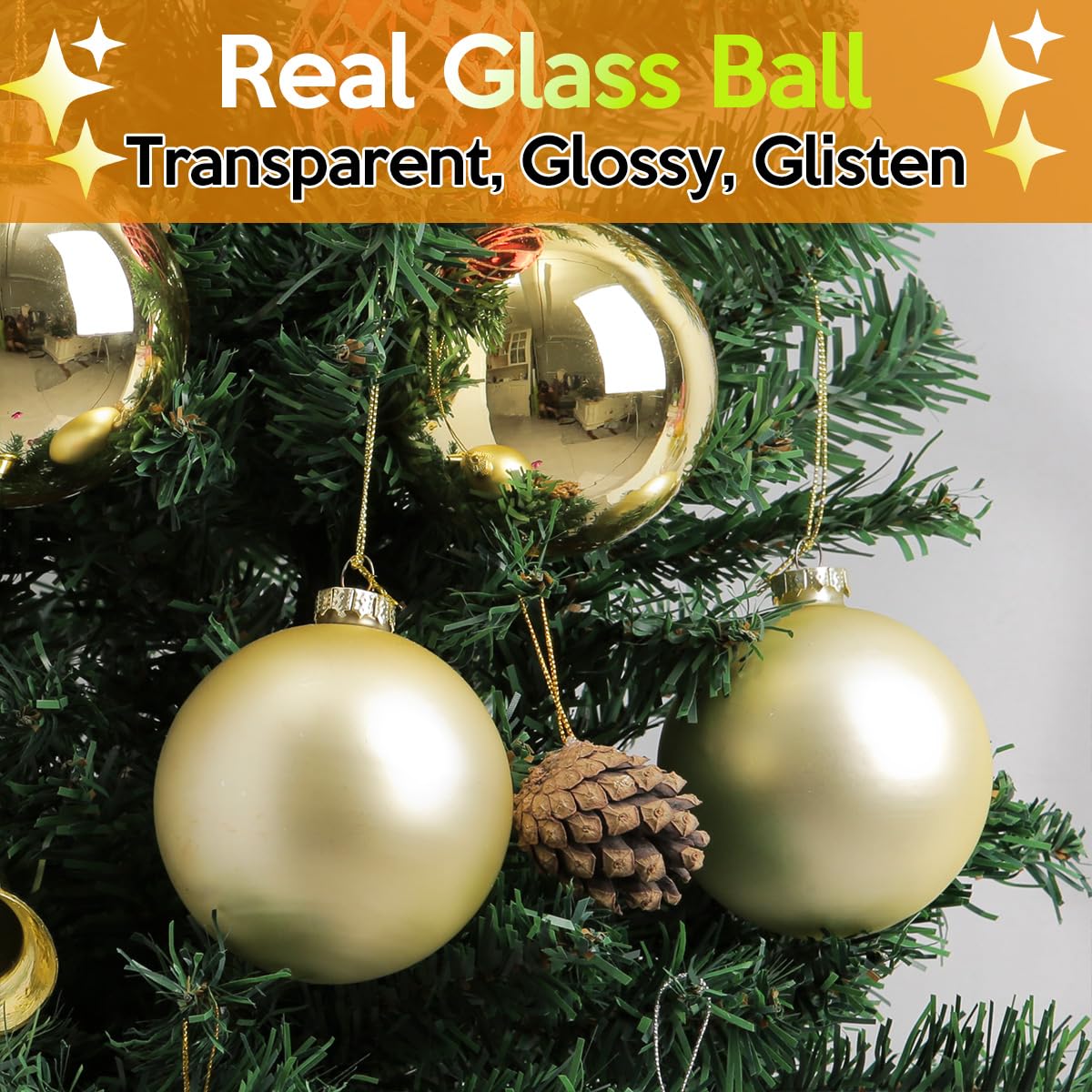 12 grandi palline di Natale in vetro dorato, 8 cm, grandi ornamenti riempibili con glitter dorati, per albero di Natale, palline decorative per albero di Natale, palline decorative per artigianato