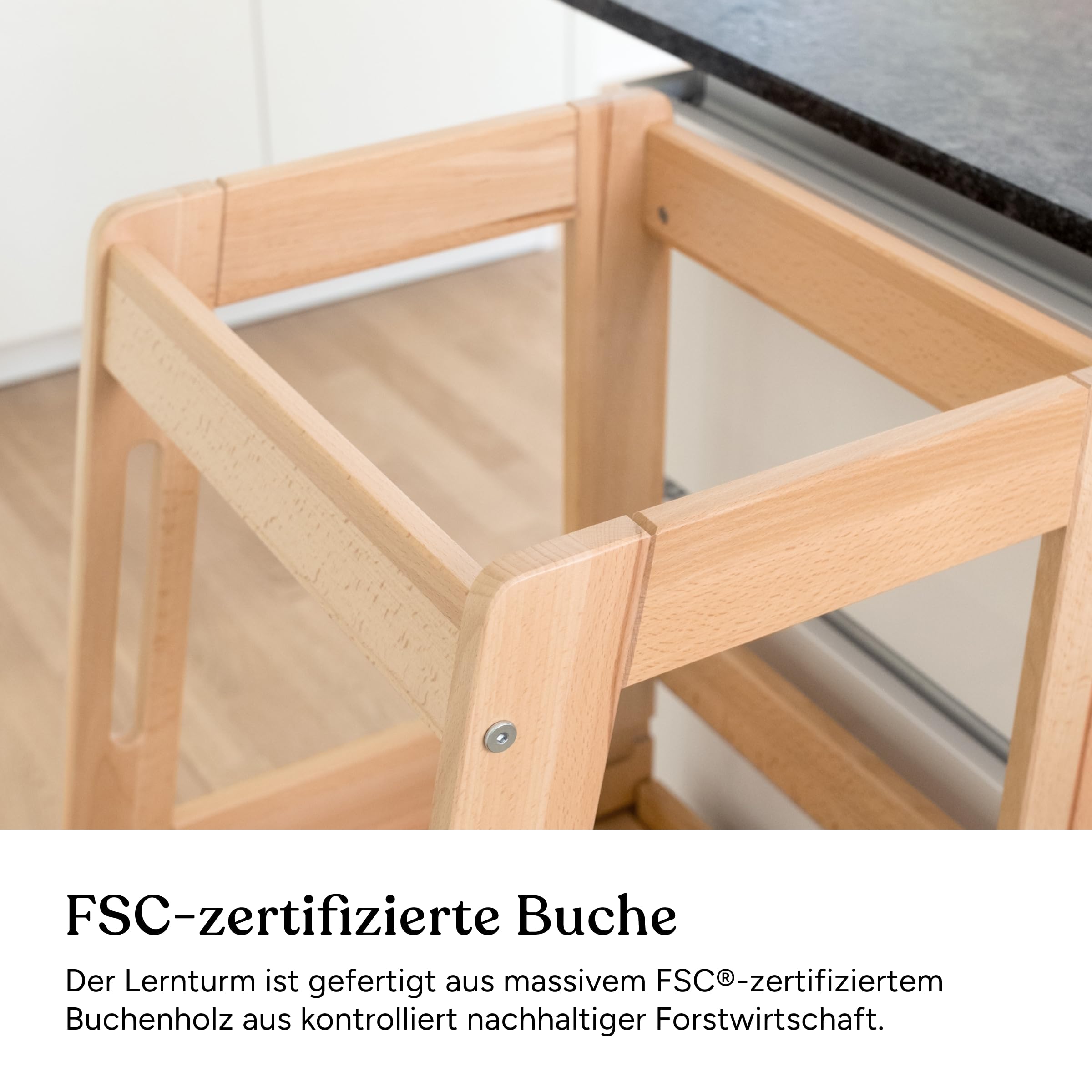 Ehrenkind® Lernturm mit Kleinkindstufe, höhenverstellbar 3-Fach, Montessori Küchenturm für Kinder ab ca. 1 Jahr, FSC®-zertifiziertes Buchenholz, Kitchen Helper, belastbar bis 40 kg, Klarlack