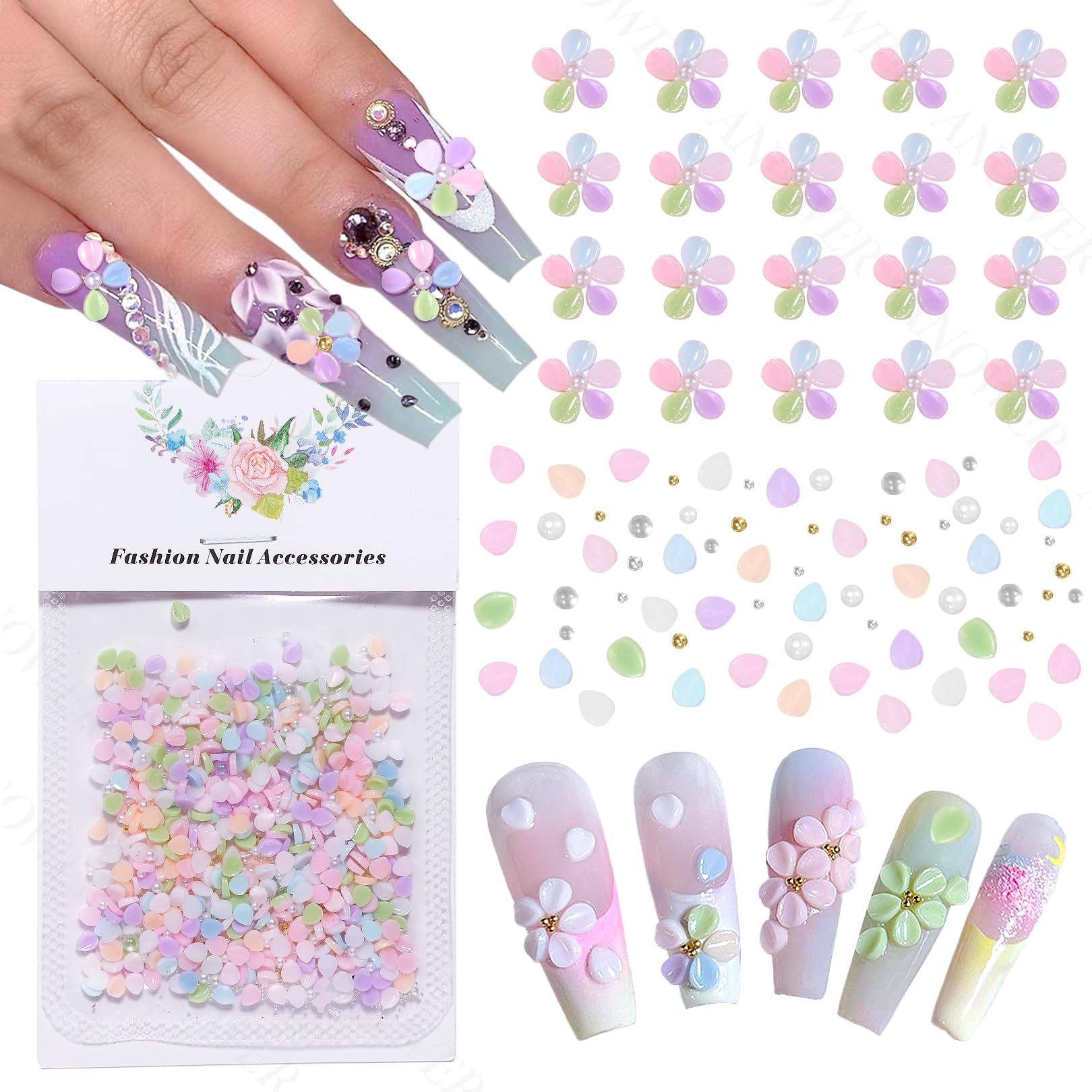 800 Pcs Flower Nail Charms, Mixed Colored Tiny Blossom Flower for Nails Art, Small Floral with Pearls Rhinestone, Petal Acrylic 3D Flowers Nail Art