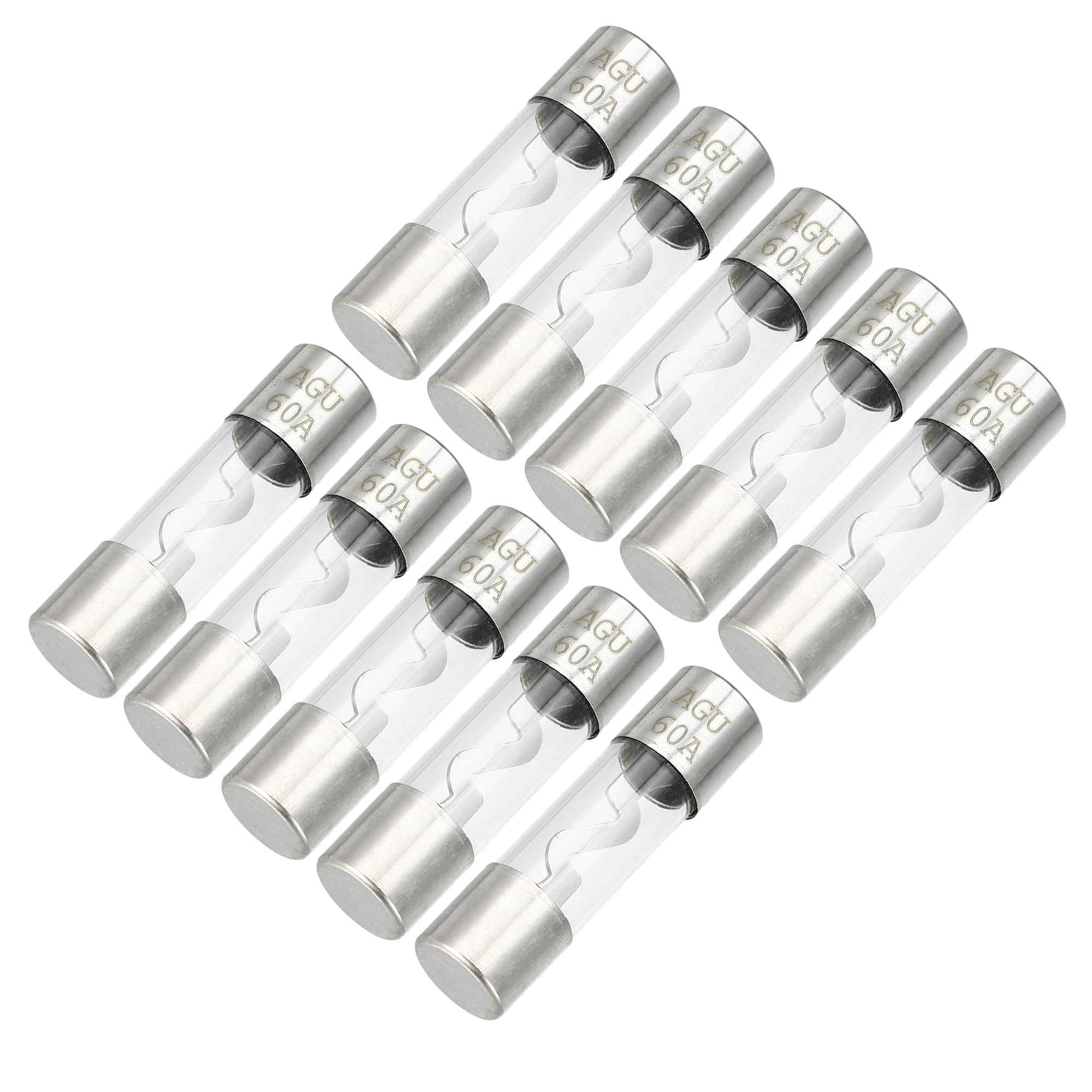 10 Stück 10x38mm 0,39x1,50 Zoll 60A Universal AGU Glassicherung - Kfz-Sicherungsröhre zum Schutz der Stromversorgung - Metall Silberton