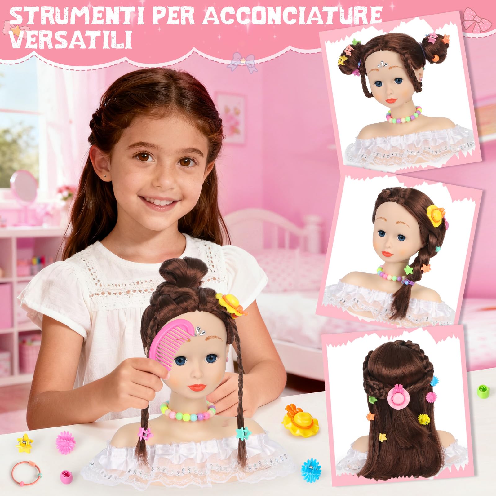 Testa Bambola da Truccare e Pettinare, 66 Pezzi Testa da Pettinare Bambina, Bambola da Truccare Regalo di Compleanno, Natale per Bambini a Partire Dai 3 Anni (Bianco)