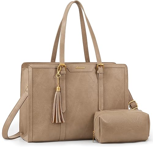 Miniatura 20 de LOVEVOOK Bolsa para laptop para mujer, bolsa de trabajo de cuero vintage de 17.3 pulgadas, bolsa de computadora de gran capacidad con bolso de mano