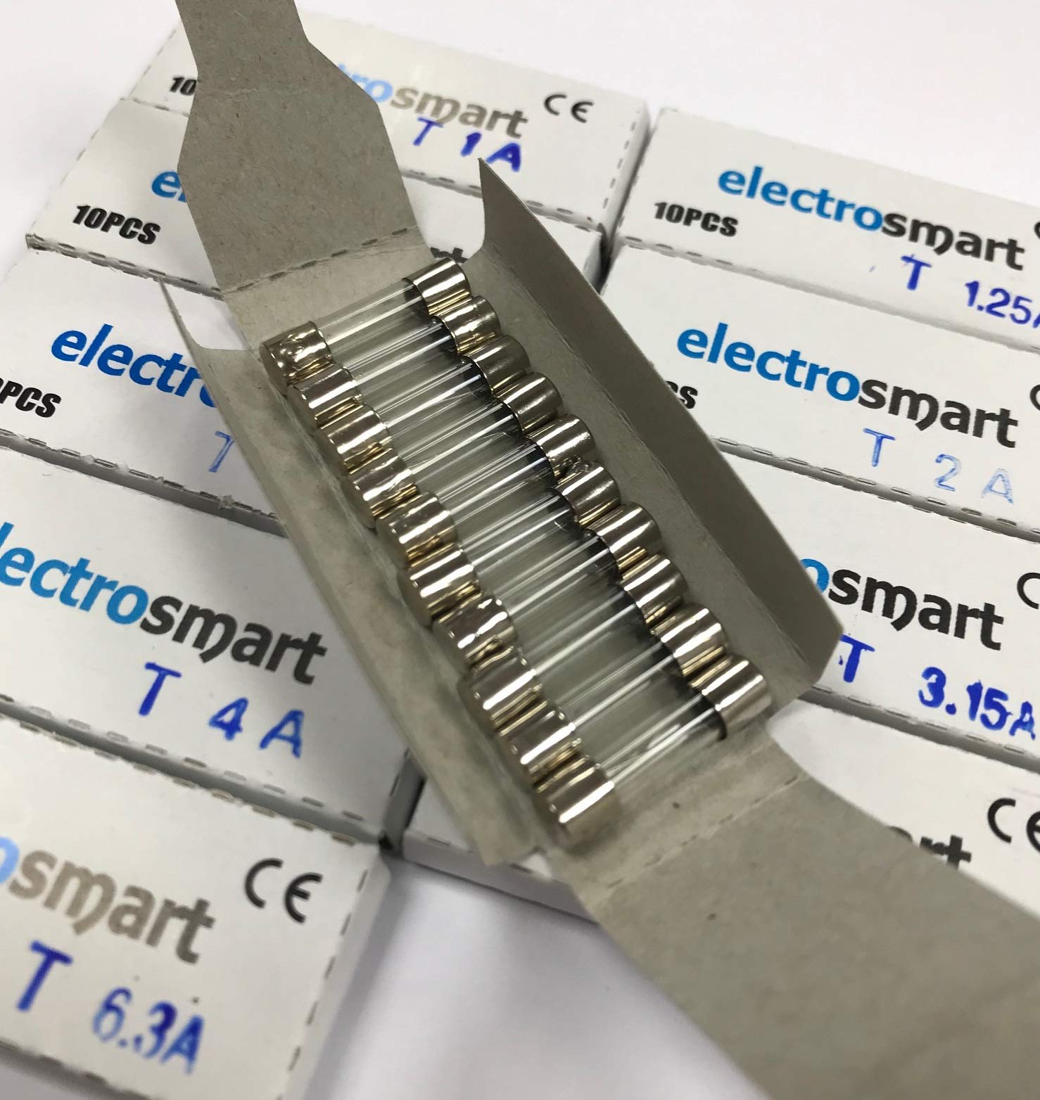electrosmart Pack of 100 Mixed Slow Blow/Time Delay 20mm x 5mm Glass Fuses 10 Each of T1A, T1.25A, T1.6A, T2A, T2.5A, T3.15A, T4A, T5A, T6.3A, T10A