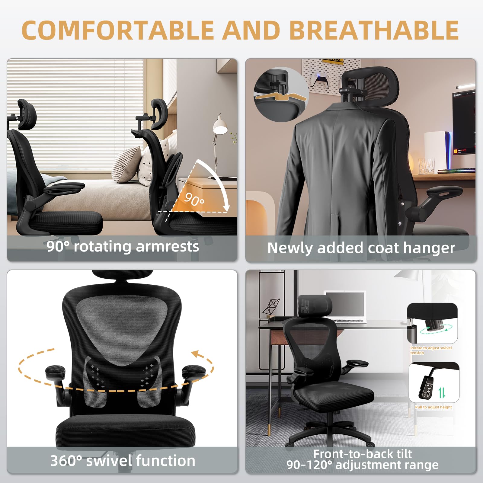 BüRostuhl, Office Chair Mit 90° Hochklappbare Armlehnen und 3D-KopfstüTze, Ergonomischer Netz-BüRostuhl, 10 cm HöHenverstellbar, Weiches 50 X 50 cm Sitzkissen, 360° Drehbar, Schwarz