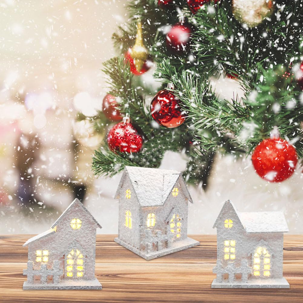 JOYWU Lighted Wooden Snow Village Houses for Christmas Tabletop Decor,3 Pcs Christmas Village Houses with Snow and Led,12cm Winter Village Accessories Set,White Xmas House Figurines Decoration (white)