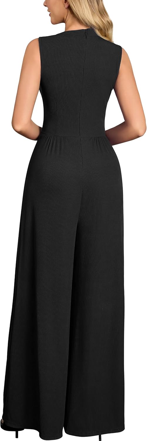 Miusol Women's Casual Sleeveless Mock Neck Ruched Wide Leg Jumpsuit Summer Formal Long Romper with Pockets - Image 7