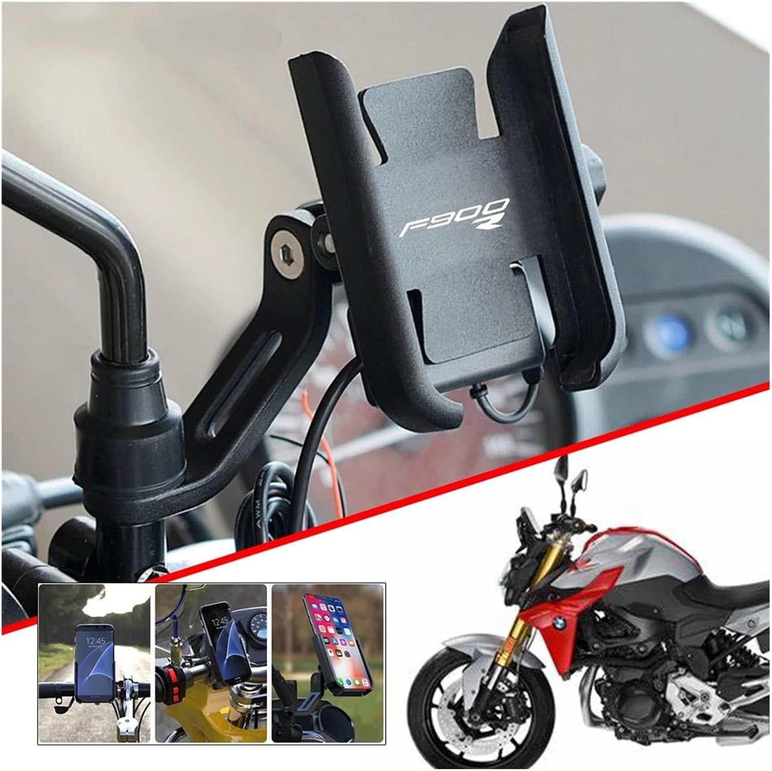 with Logo Fit for F900R F900 R F 900R All Years CNC Motorcycle Accessories Handlebar Mobile Phone Holder(Black)