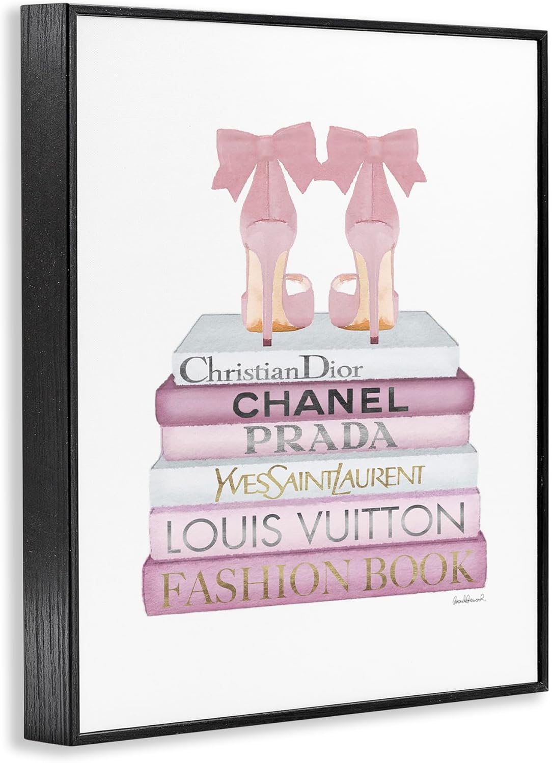 Stupell Industries Fashioner Shoes Bookstack Pink White Watercolor, Design by Artist Amanda Greenwood Wall Art, 11 x 14, Black Framed
